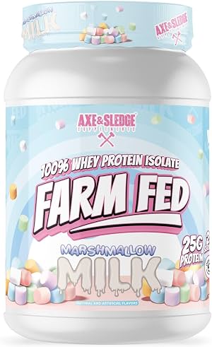 Axe & Sledge Farm Fed 100% Whey Protein Isolate | 25g de Proteína | Bajo en Carbohidratos, Bajo en Azúcar, Sin Soja, Sin Gluten | Proteína en Polvo para Hombres y Mujeres | Keto | Hecho en USA | 28 Porciones, Marshmallow Milk | 25 Porciones, 25g de Proteína, Enzimas Digestivas DigeSEB®, Apoyo para Músculo Magro 7.05 Onzas (Paquete de 1)