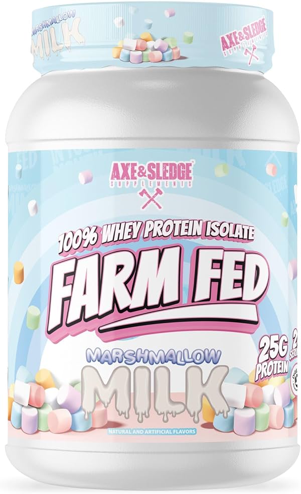 Axe & Sledge Farm Fed 100% Whey Protein Isolate | 25g de Proteína | Bajo en Carbohidratos, Bajo en Azúcar, Sin Soja, Sin Gluten | Proteína en Polvo para Hombres y Mujeres | Keto | Hecho en USA | 28 Porciones, Marshmallow Milk | 25 Porciones, 25g de Proteína, Enzimas Digestivas DigeSEB®, Apoyo para Músculo Magro 7.05 Onzas (Paquete de 1)