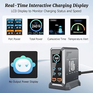 240W USB C Charger Block - 6 Port Multi Port USB C Fast Charging Station, GaN PD 140W 65W/QC 60W Laptop Charger Hub with LCD Display for MacBook, iPad, Galaxy, iPhone 17/16/15 Pro(Gray)