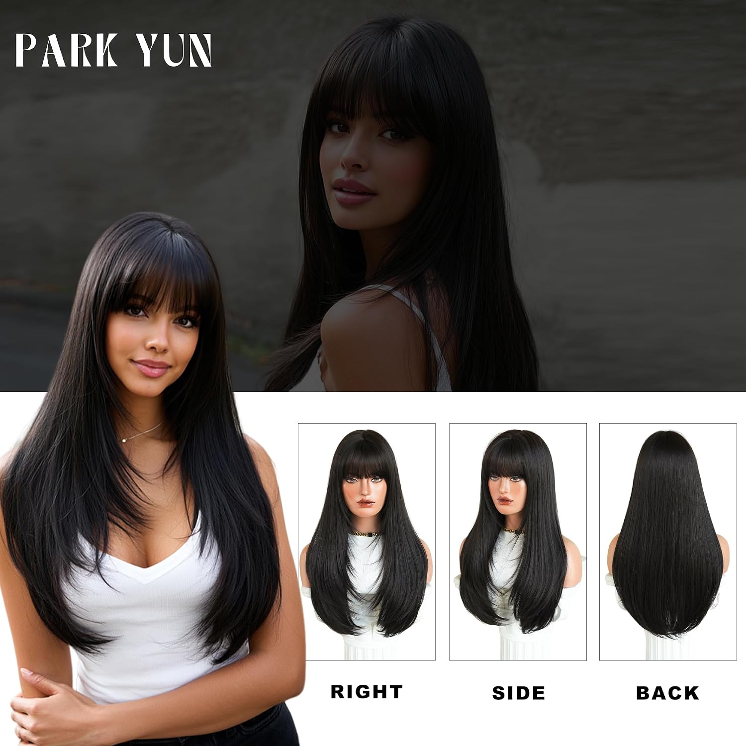 PARK YUN 27IN Natural Black Long Straight Wig with Full Bangs Layered Synthetic Wig Soft Feathered Hair Natural Looking Wig for Women