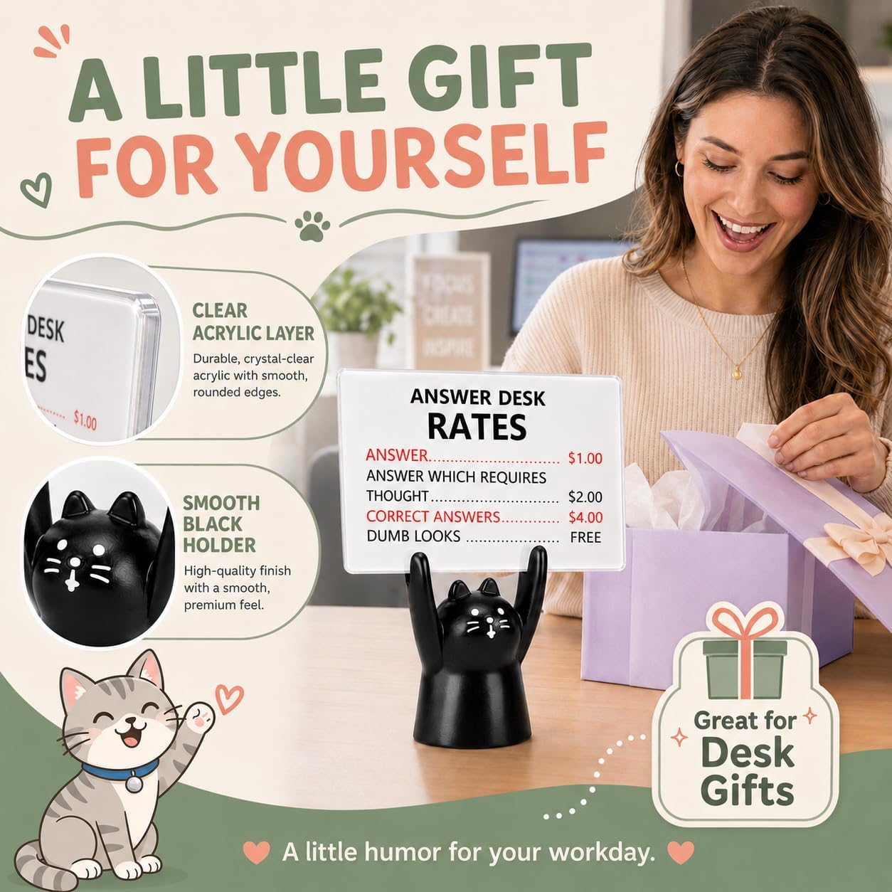 Black Cat Answer Desk Rates Desk Sign, Funny Office Cubicle Decor, Employee Appreciation Gifts, Office Gag Gifts for Coworker Teammate Employee Boss Manager