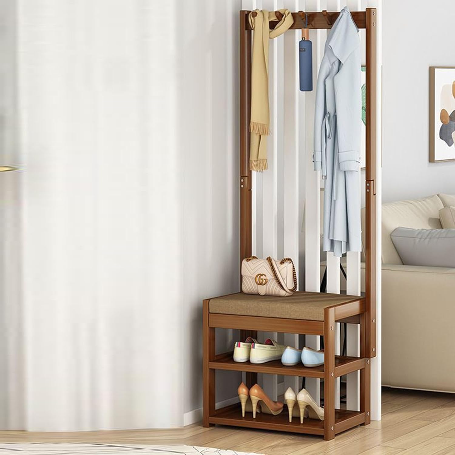 Hall Tree with Coat Rack, 3-in-1 Entryway Bench with Shoemakers and Hooks, Shoe Storage Shelves and Padded Seat Cushions, for Bedroom, Hallway (A 50cm)