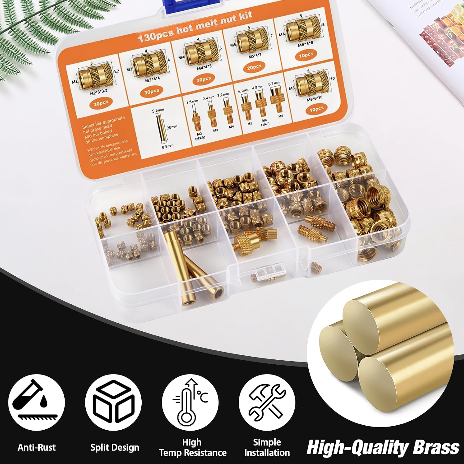 Heat Set Insert Tip Set, Threaded Inserts Set for 3D Printer, DIY Plastic | 60W Soldering Iron with 130Pcs Brass Threaded Inserts M2-M8, for 3D Printing, Plastic, DIY, Surface Finishing & Modification