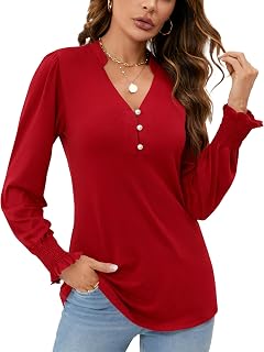 Rapbin Womens V Neck Puff Long Sleeve Button Down Tunic Blouses Fall Tops 2025 Ruffle Cuffs Dressy Casual T-Shirts