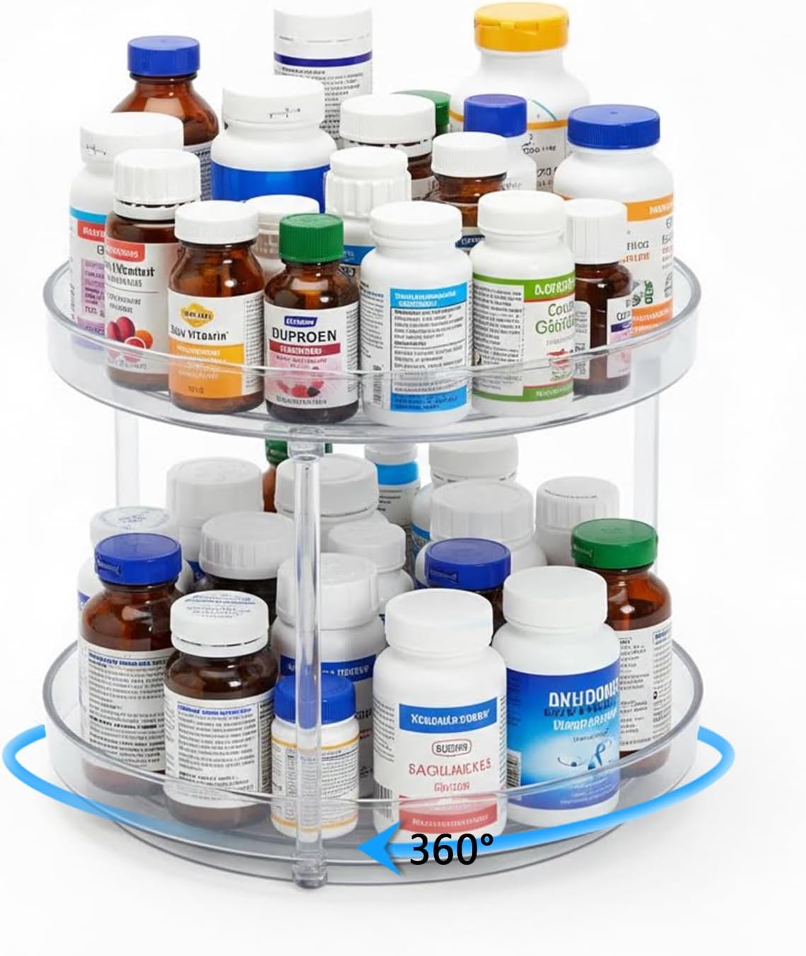 Lazy Susan 2-Tier Medicine Cabinet Organizer, Clear Plastic Spinning Spice Organization for Cabinet, Rotatable Makeup Organizer Countertop for Bathroom Vanity, Kitchen Pantry & Small Spaces Storage