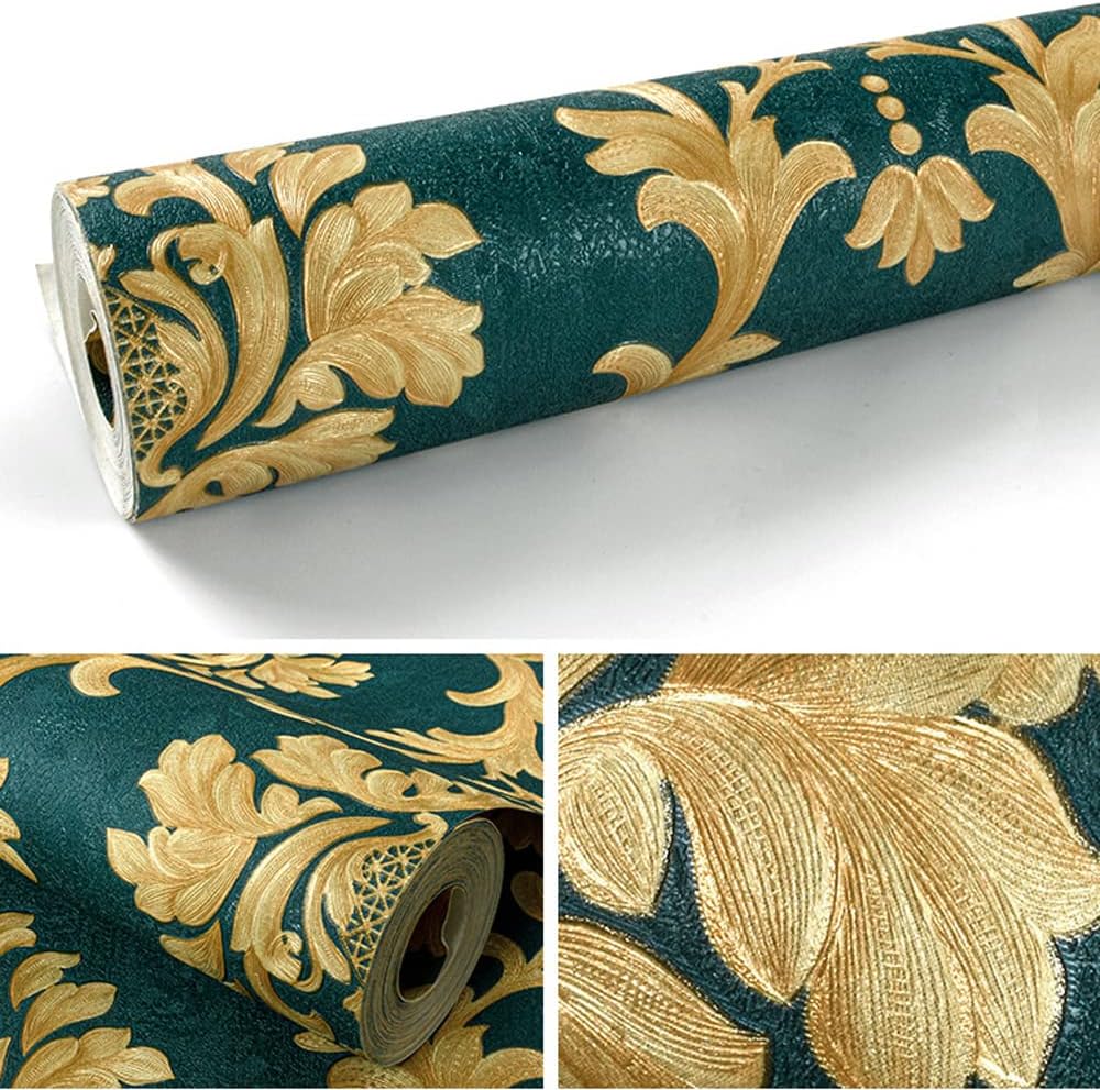 Q QIHANG 1.73' W x 32.8'L 3D Embossed Pattern European Style Damask Bedroom Living Room TV Background PVC Non-Pasted Wallpaper (Green)