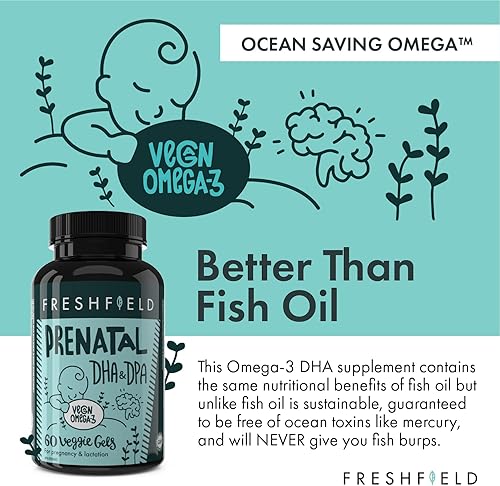 Miniatura 2 de Freshfield Prenatal Vegan Omega 3 DHA: sostenible, sin carragenano, probado por terceros, botella compostable, neutro en carbono. Apoya el corazón,