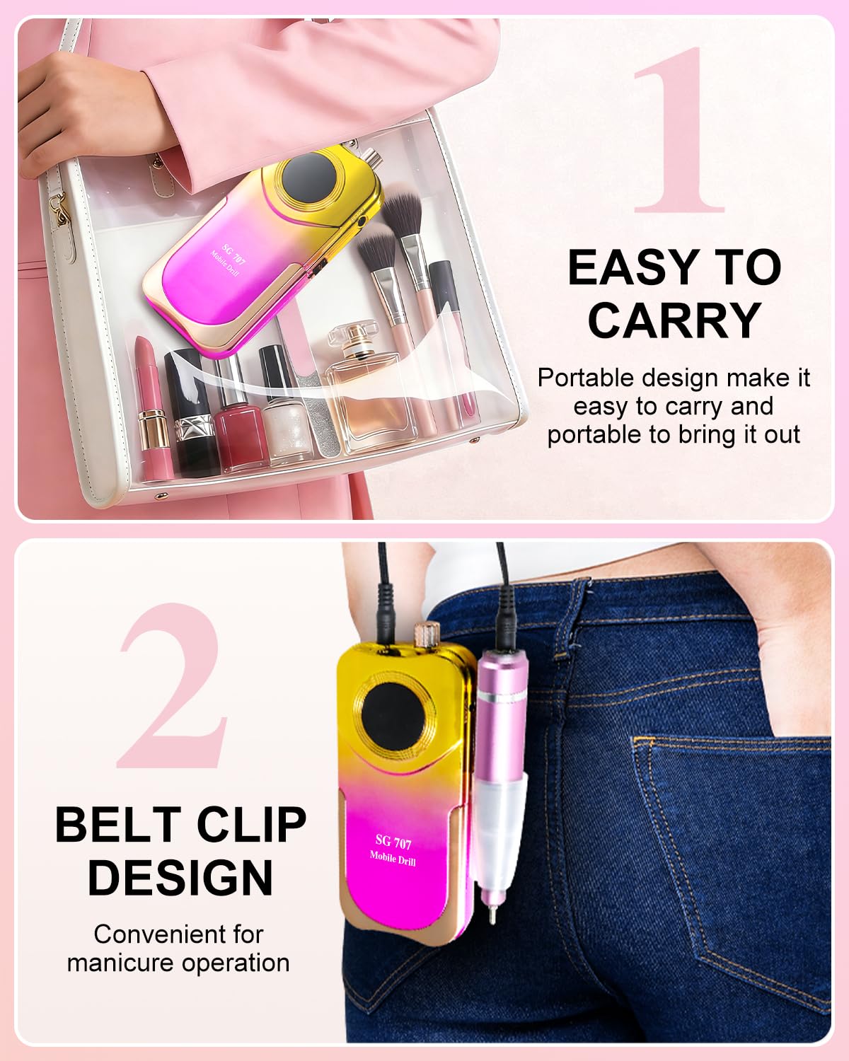 Kit de taladro de uñas profesional de 35000 RPM con clip, portátil, inalámbrico, recargable, velocidad ajustable con pantalla LCD y 14 puntas para manicura de gel acrílico, pedicura, adecuado para