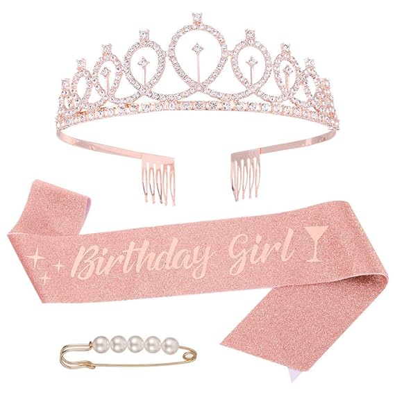 SNOWIE SOFT Birthday Decorations Kit, Birthday Crown Headband Birthday Sash and Rhinestone Crown Tiara Set for Happy Birthday Gift Party Accessories, Favors, Decorations