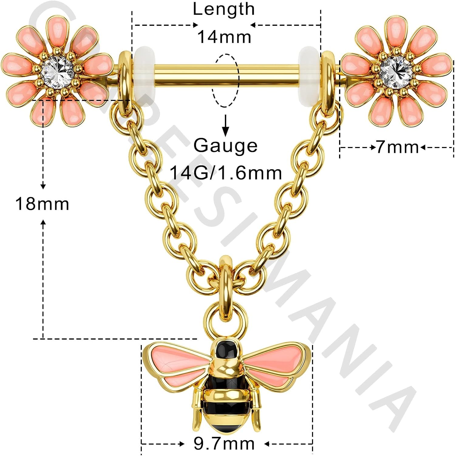 CM Crareesi Mania Chain Nipple Shield Rings - Dainty Bee Nipple Piercing Barbells 14G Dangle Rings