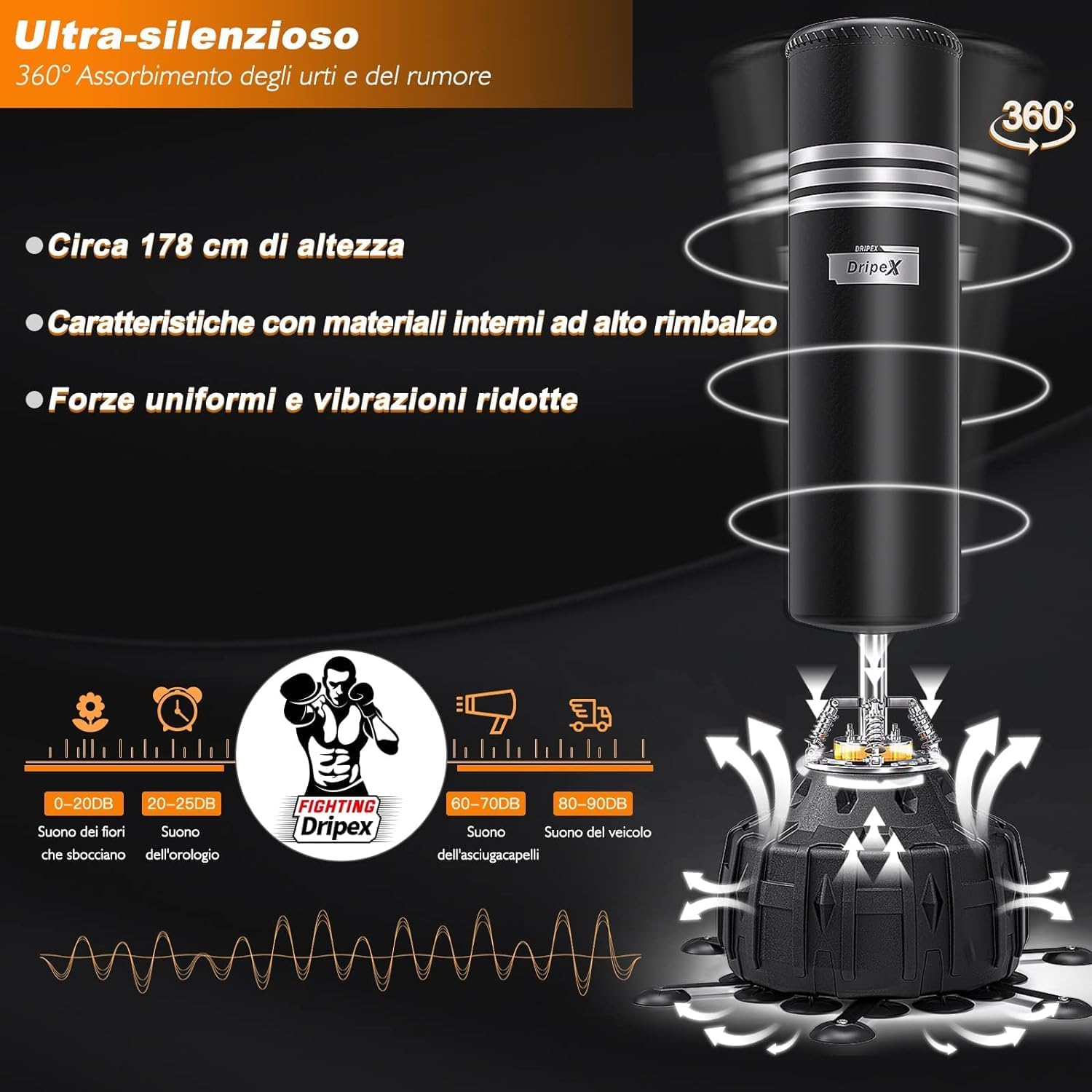 Dripex Sacco da Boxe da Terra, 178cm con Base a 25 Potenti Ventose Riempibile 80kg Sabbia / 60kg Acqua Pugilato Kickboxing Autoportante MMA Thai per Adulti (Spedizione in 2 Pacchi Separati)