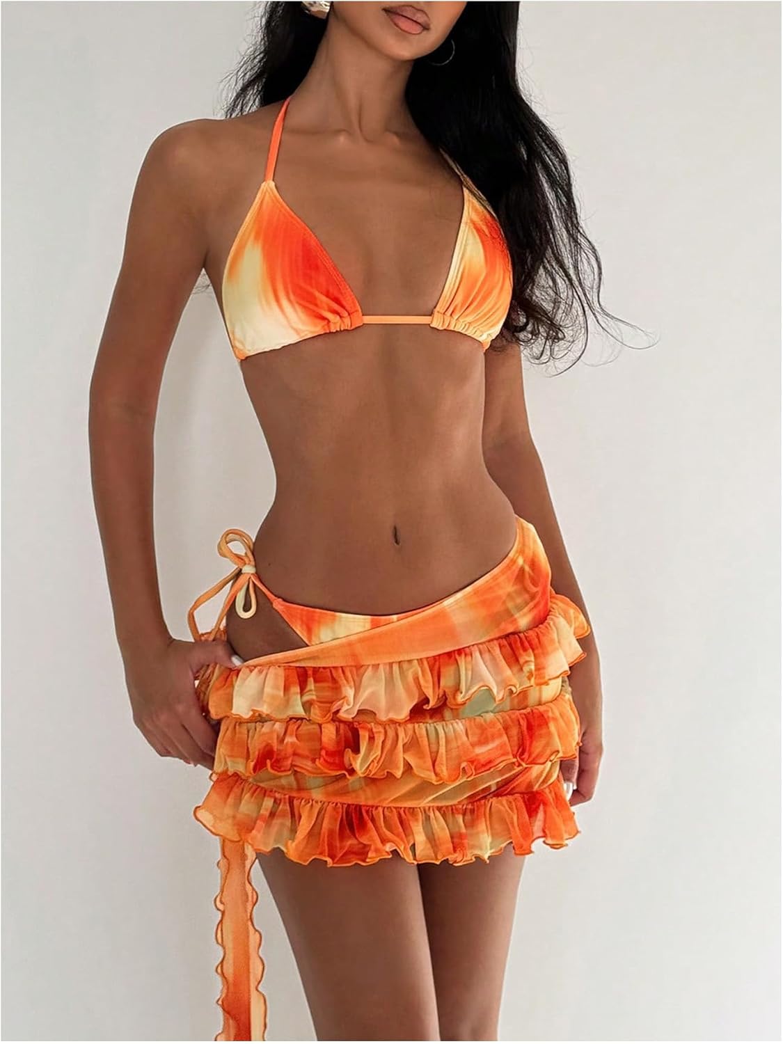 Milumia Women's 3 Piece Halter Bikini Set Tie Dye Knot Side Swimsuit with Ruffle Beach Skirt