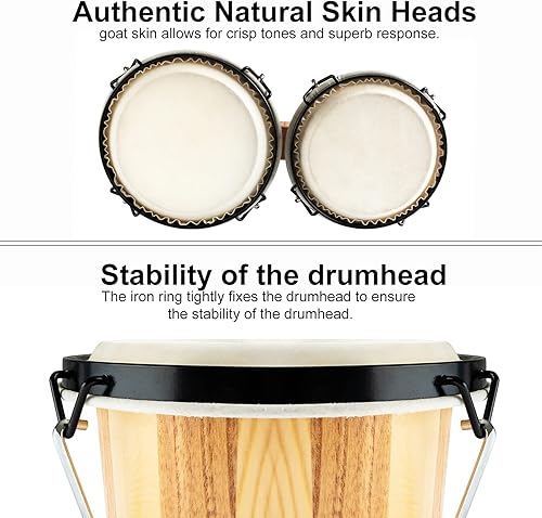 Miniatura 2 de MUSICUBE Tambores Bongo para niños y adultos, instrumento de percusión profesional de 6 y 7 pulgadas, sintonizable, hecho a mano, con llave de