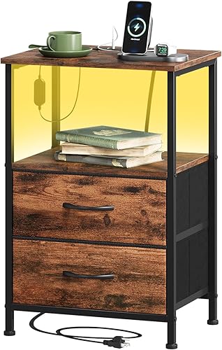 Miniatura 24 de Somdot Mesita de noche blanca con estación de carga y luz LED para dormitorio, cómoda de 2 cajones con contenedores de tela para mesita de noche,
