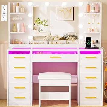 Large Makeup Vanity with Mirror and Lights 3 Colors,Vanity Desk with Glass Top,11 RGB Drawers,6 Shelves,Makeup Desk with 5 Hooks,Power Outlet,Dressing Table for Girls Bedroom White UXFST004W