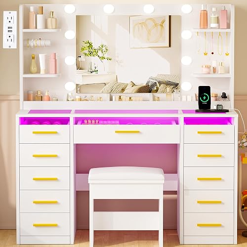 YUNSCEND Large Makeup Vanity with Mirror and Lights 3 Colors,Vanity Desk with Glass Top,11 RGB Drawers,6 Shelves,Makeup Desk with 5 Hooks,Power Outlet,Dressing Table for Girls Bedroom White UXFST004W