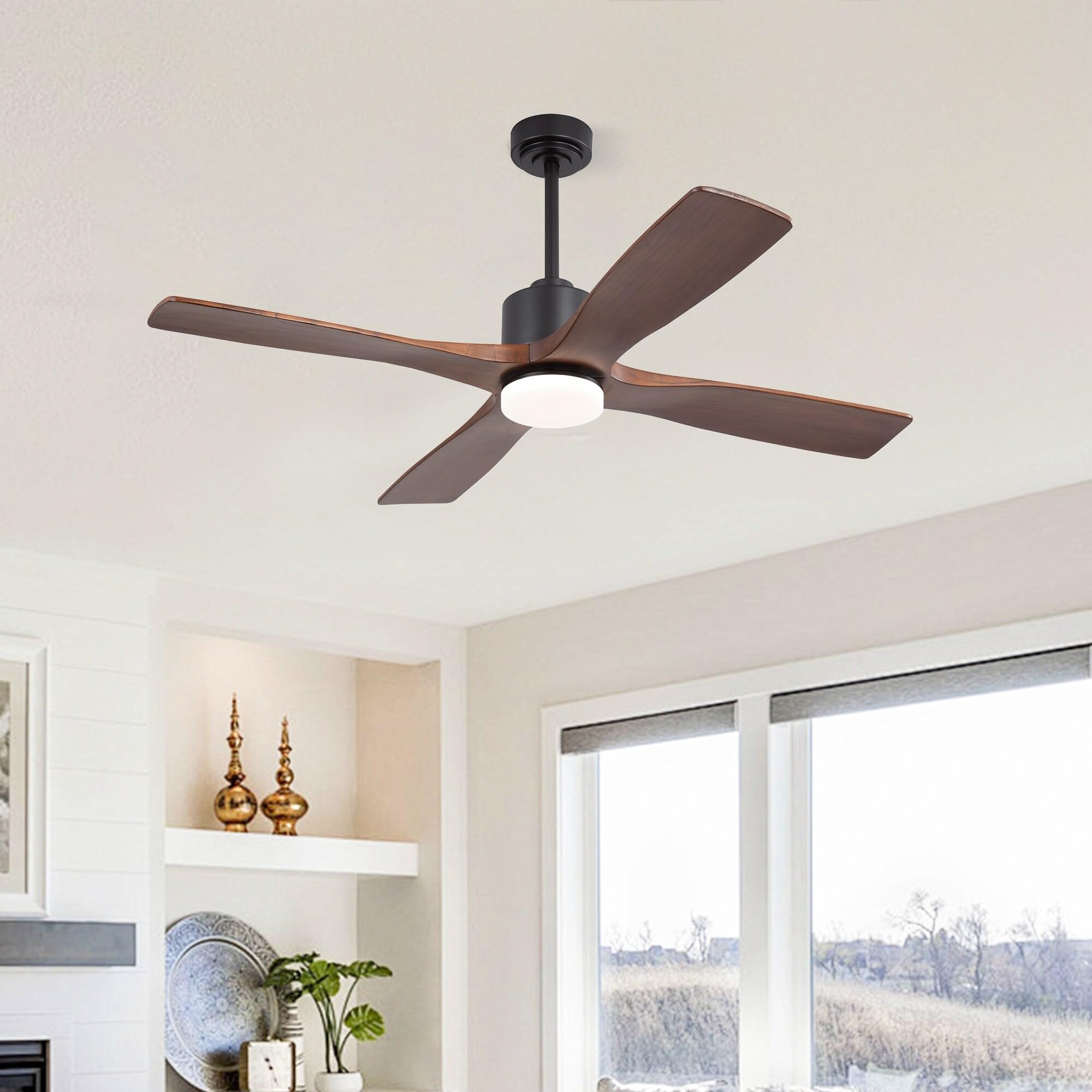 MLiAN 48" DC Motor Indoor Ceiling Fan with Light Kit, 4 Solid Wood Blades... Black/Walnut