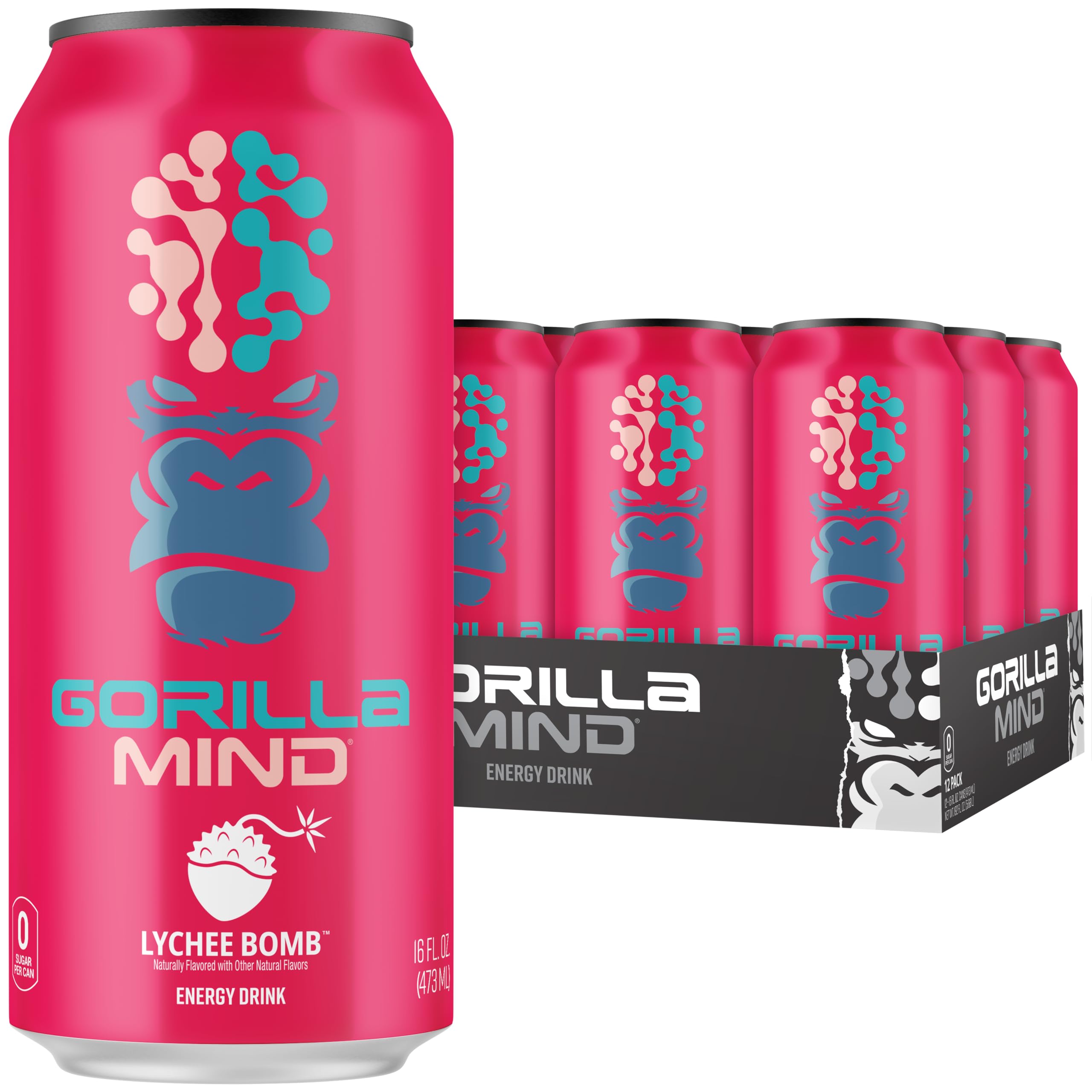 Gorilla Mind Energy Drink | Unmatched Energy · Amplified Focus | N-Acetyl-L-Tyrosine, Alpha-GPC, 200mg Caffeine, Uridine, Saffron | 0 Sugar Or Artificial Colors | 16oz, 12-Pack (Lychee Bomb)