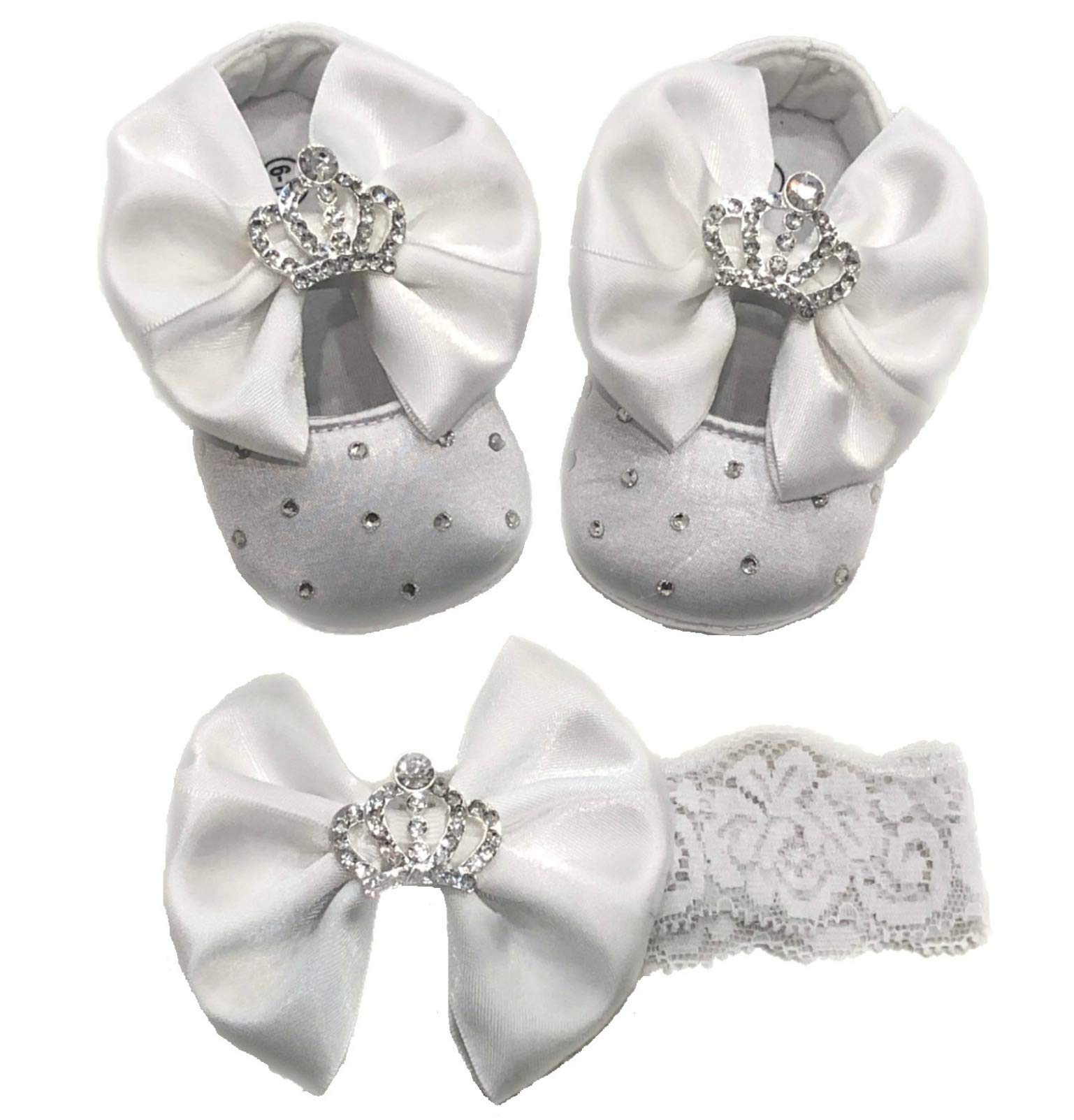 Brillabenny Set Scarpe Ballerine e Fascia Capelli Neonata Coroncina Cristalli Strass, Scarpine Baby Luxury Battesimo Nascita Corredino (0-3 Mesi (10cm))