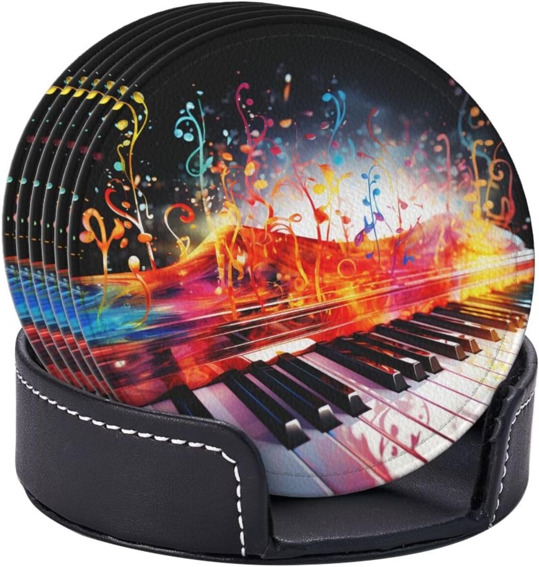 Colorful Piano Keyboard Music Note Leather Coasters Set of 6 with Holder image 4