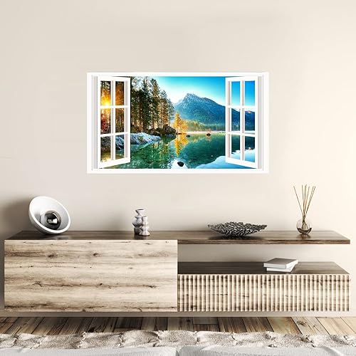 Miniatura 3 de Calcomanías 3D de pared de lago de montaña, calcomanía de ventana de lago bosque, impermeable, extraíble, PVC, para decoración de sala de estar y