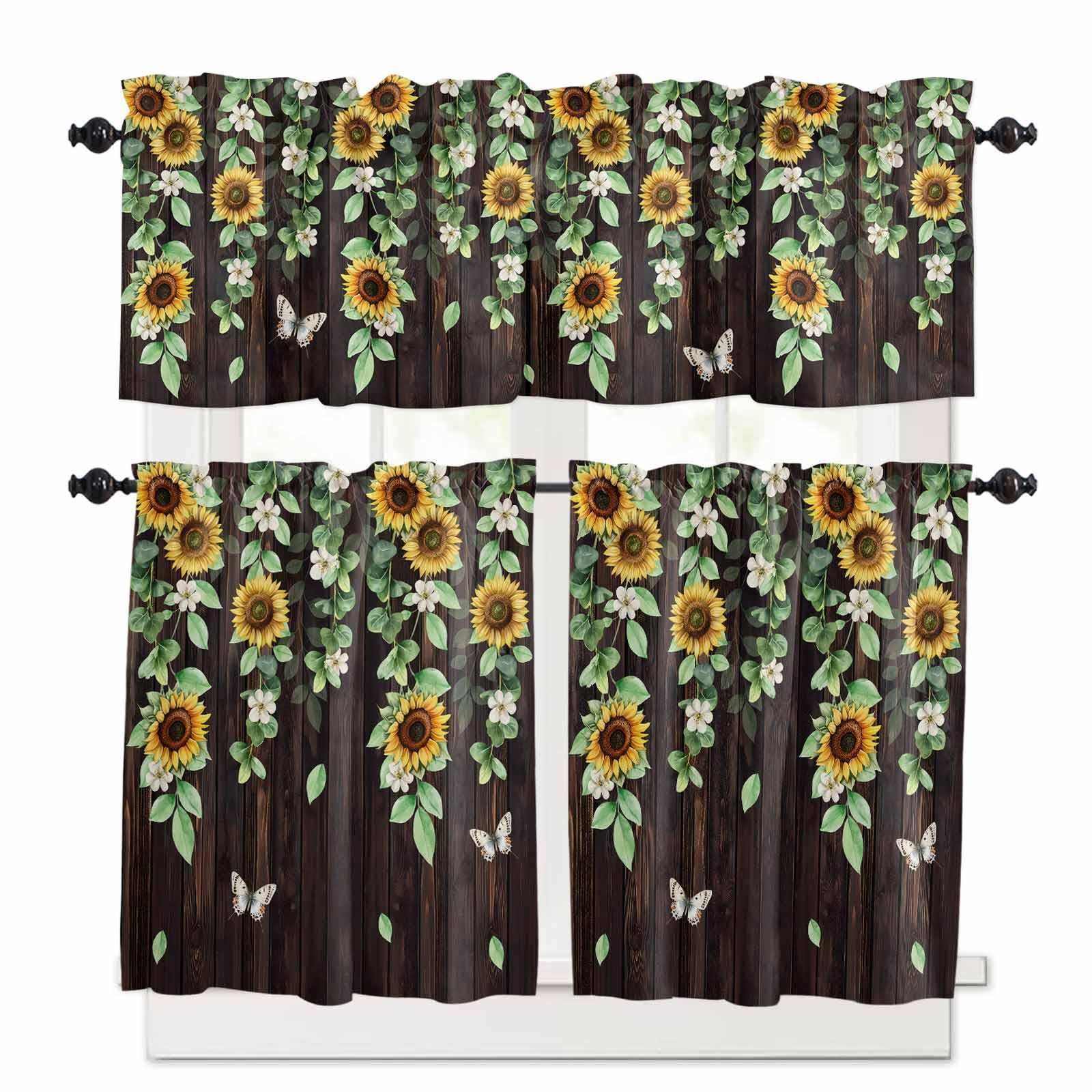 Sunflower Kitchen Curtains 36 Inch Length,3 Piece Rod Pocket Small Half Tiers and Valance Set,Butterfly Flowers Green Leaf Brown Wood Grain Small Large Window Treatment Decor for Bedroom/Bathroom
