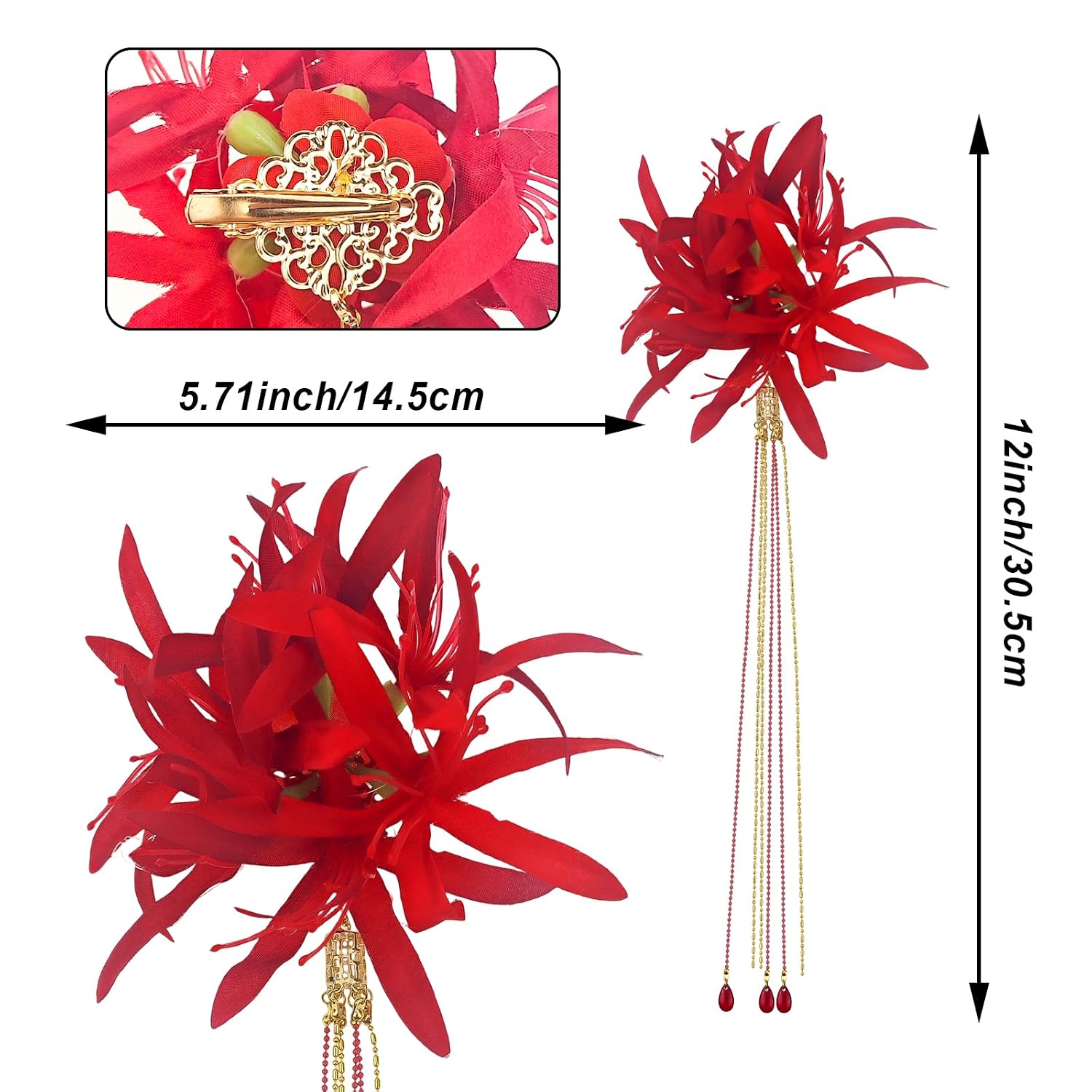 2 Pack Red Spider Lily Flower Hair Clips for Women, Elegant Lycoris Radiata Tassel Hairpins Traditional Hanfu Hair Accessories, Floral Duckbill Clips for Wedding Kimono image 2