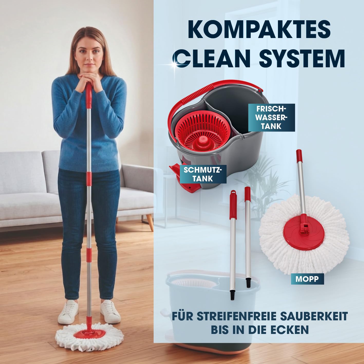 CLEANmaxx Zestaw mopa Power + 2 zapasowe ściereczki – mop do podłogi i wiadro do czyszczenia