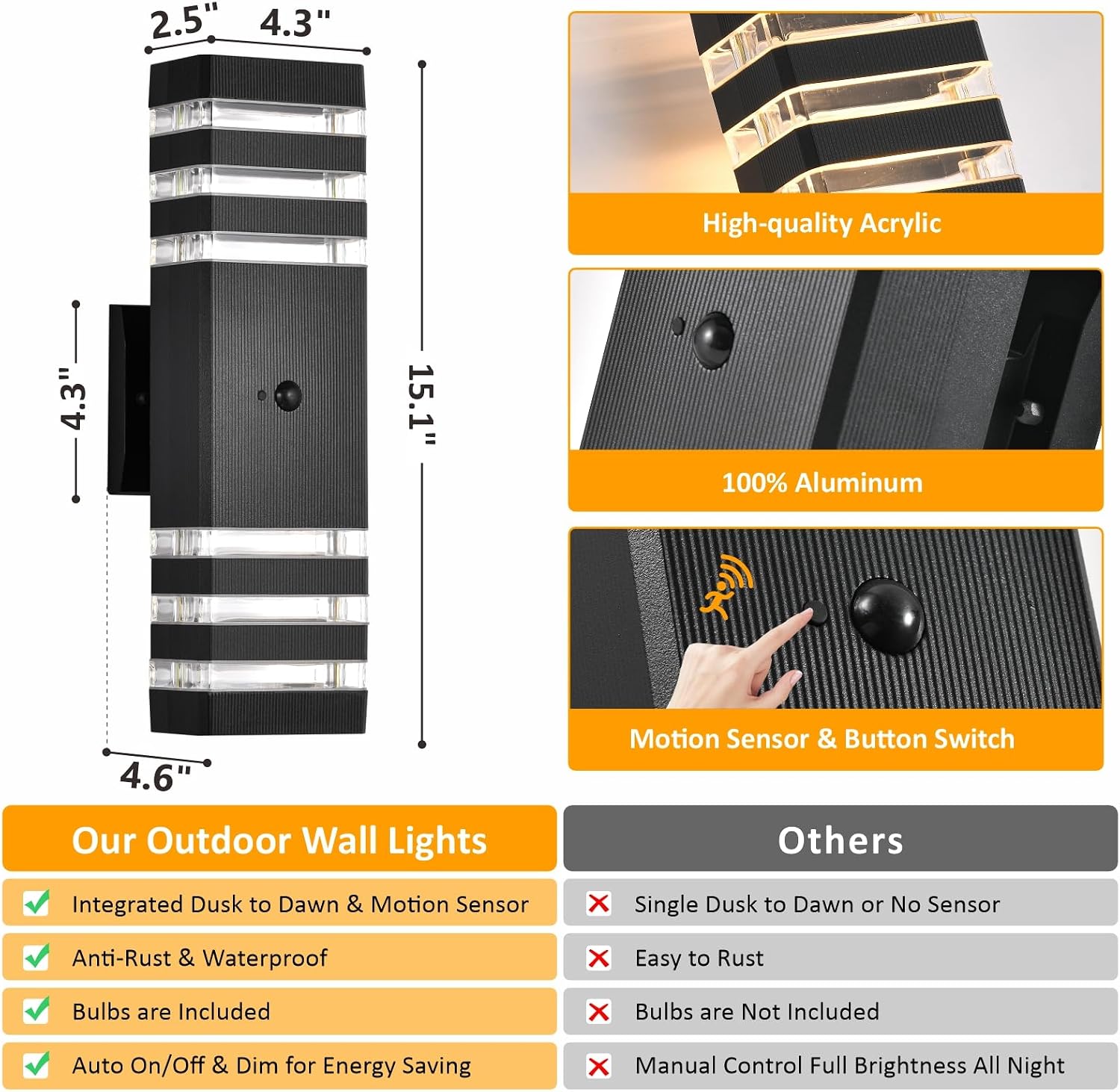 Motion Sensor Outdoor Wall Lights 2 Packs, 15'' Up and Down Porch Lights, 3000K Warm White LED Exterior Light Fixture Wall Mount for House Garage