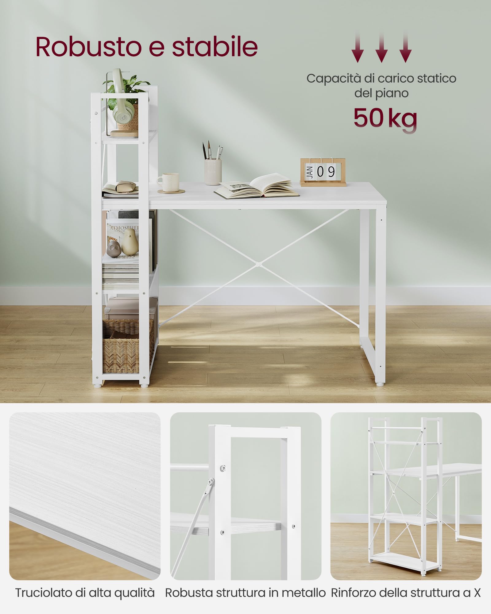 VASAGLE Scrivania con ripiani reversibili a sinistra o a destra, lunghezza 120 cm, tavolo da computer, per ufficio a casa, montaggio semplice, bianco acero LWD048W44