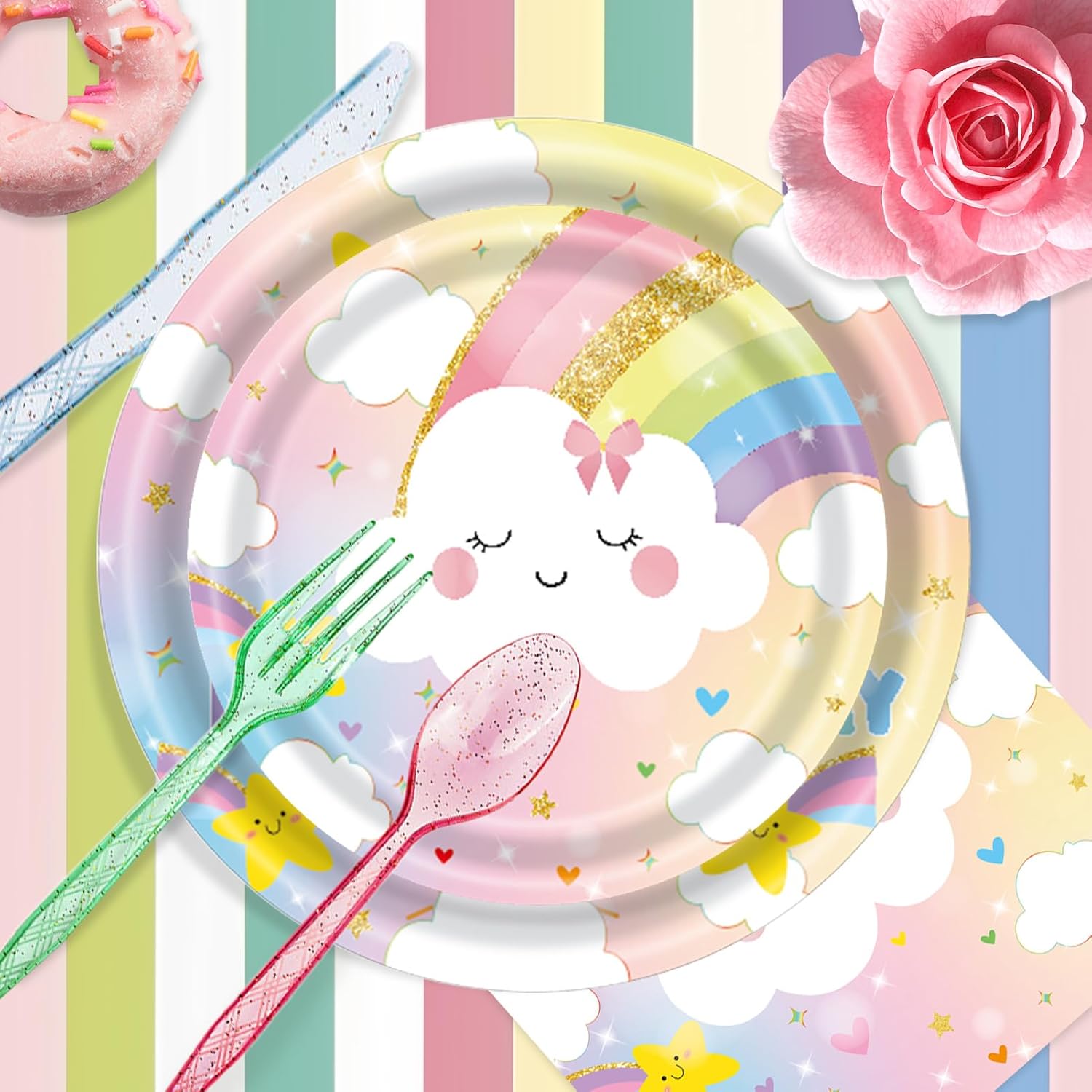 169 PCS Rainbow Party Decorations Serve 24 Guests Pastel Rainbow Plates and Napkins Party Supplies Dinnerware Sets for Girls Kids Adults Colorful Decor Themed Baby Shower - Image 3