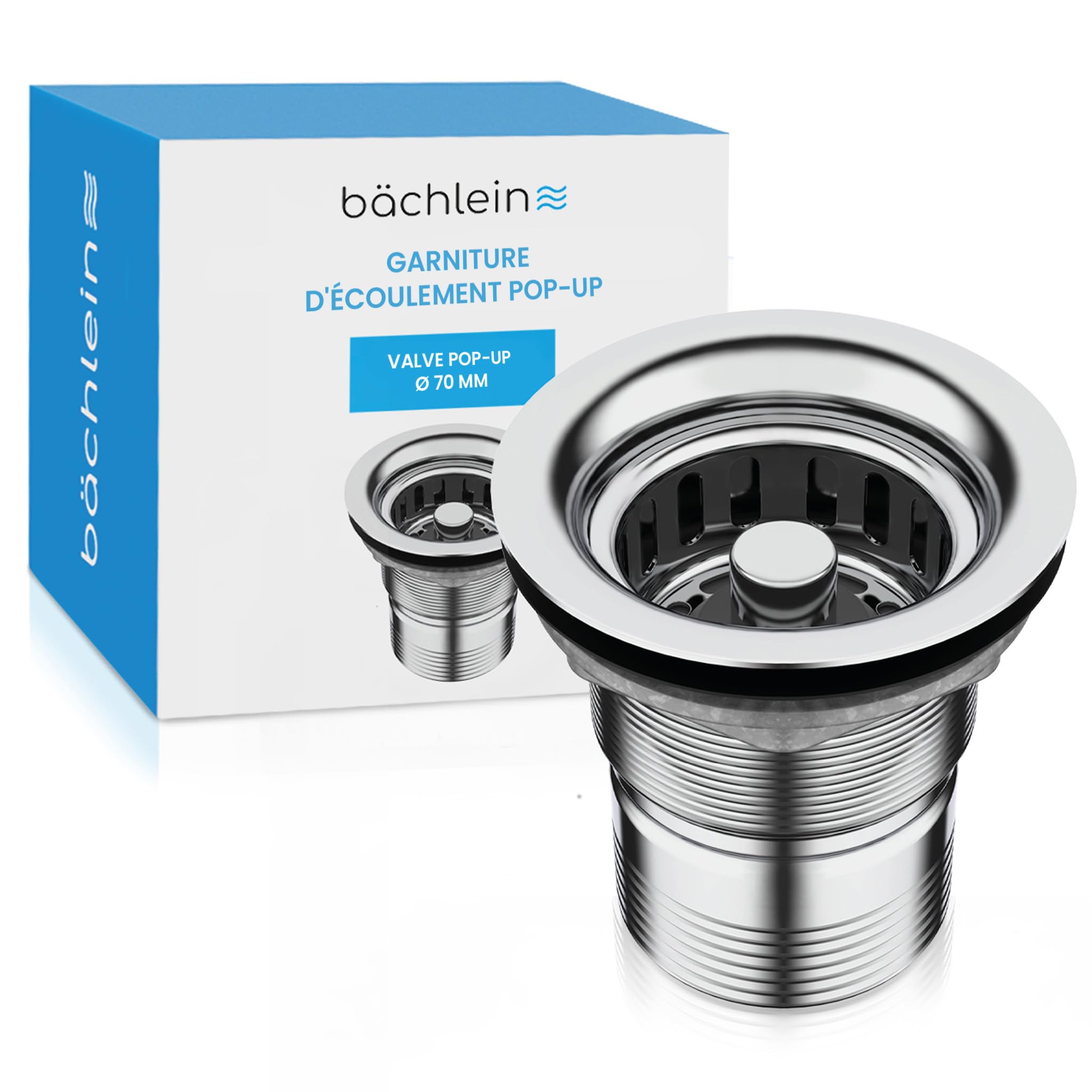 Bächlein Bonde de vidange Pop Up sans trop-Plein pour l'évier [Ø 70 mm], Pop Up pour la Cuisine, vidage d'évier en Acier Inoxydable Poli, bonde de trop-Plein, Valve de vidange, Bouchon de vidange