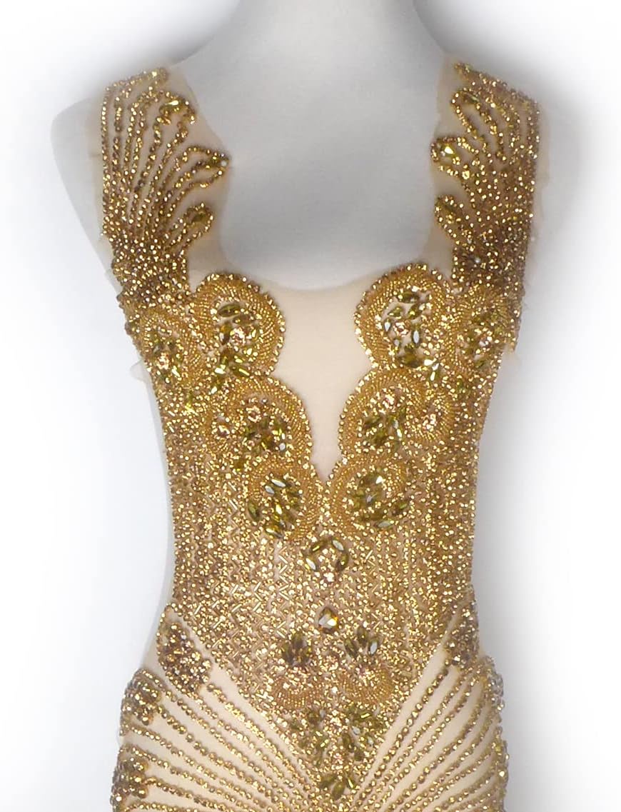 Labellezalay Full Front and Back Bodice Rhinestone Applique Patch,new Large Size 33.4" * 15.7" Decorate Appliques, Gold Silver Rose Gold Shine DIY Dress Applique Patch by Piece (YM2101-1Gold)