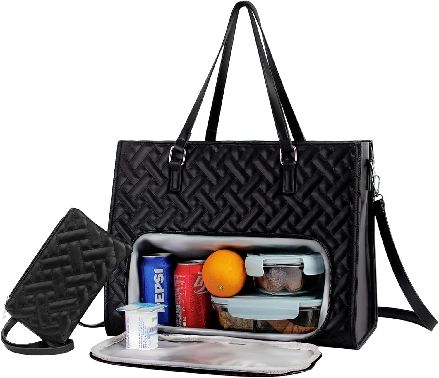 Lunch Tote for Women - 15.6" Laptop Bag, Insulated Compartment, Quilted Large Capacity w/Purse & Adjustable Strap (2-in-1) for Work, College, Black