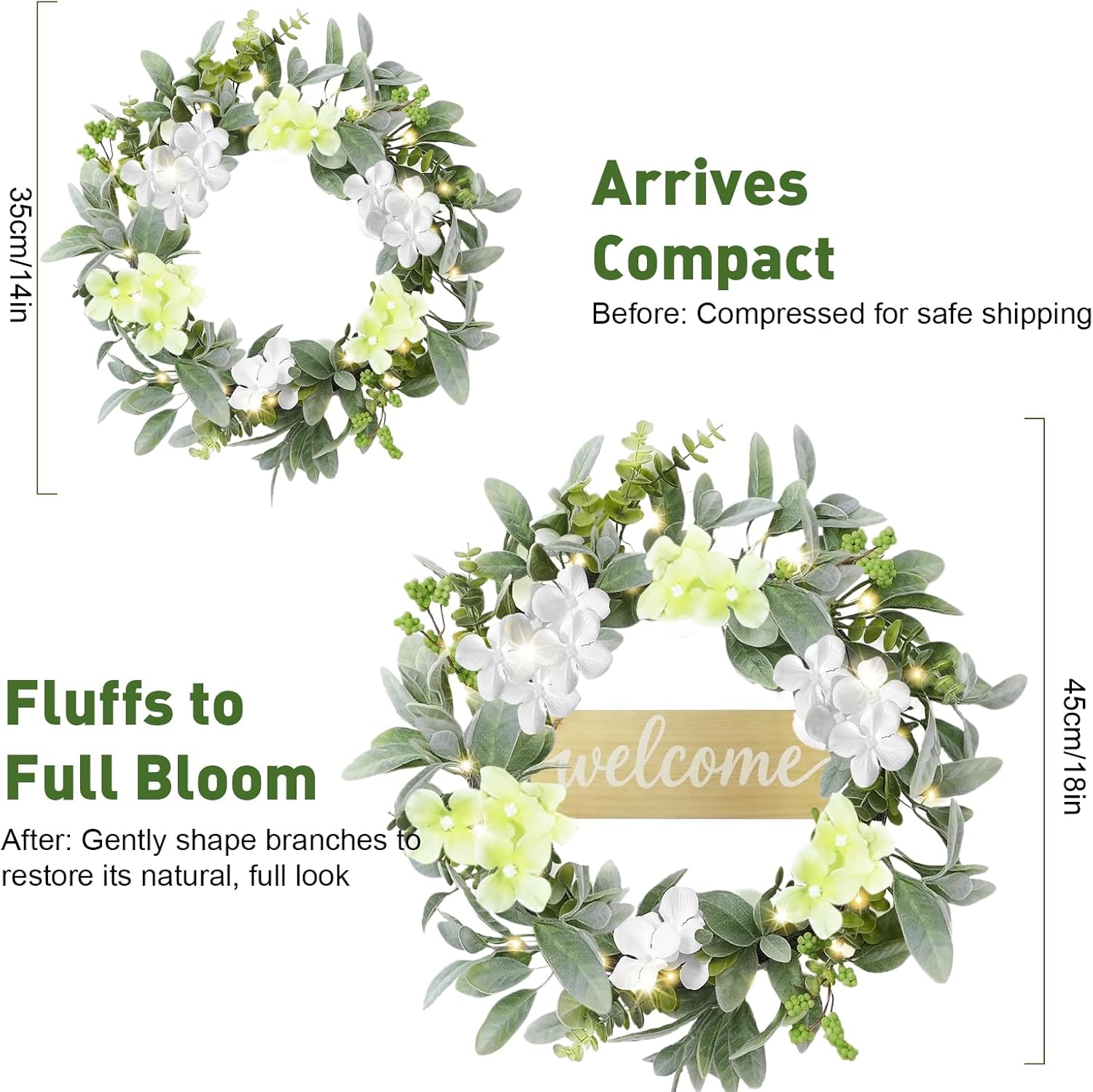 Welcome Mat Wreath Set with LED Front Door Greenery Spring Doormat Wreaths All Season Summer Floral Artificial Decor for Porch Entryway Wall Farmhouse Patio Garden Festival 18in