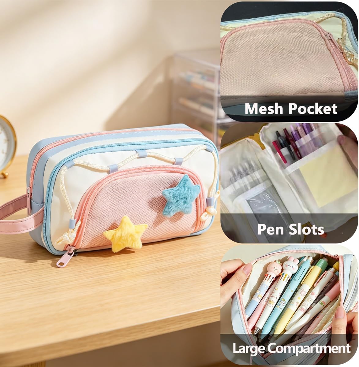 Portable Multi-Layer Pencil Case ，Includes 4 Pens & 1 Sticky Notes Pad | 7-Layer Large Capacity, Includes 4 Pens & 1 Sticky Notes Pad, Durable & Stylish, For Office or Travel