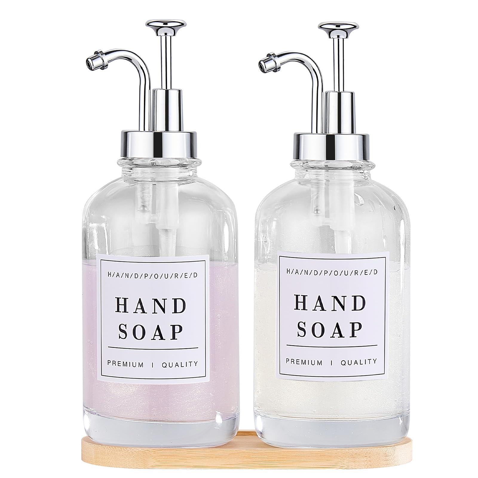 Dispensador de Jabón, 2 Piezas, Dispensador de Jabón de Manos de para Cocina y Baño, Cristal Dispensador de Jabón de Manos y con Bandeja, Bomba de Scero Inoxidable con Embudo y Etiqueta,500 ml Global Recycled Standard Global Recycled Standard Global Recycled Standard
