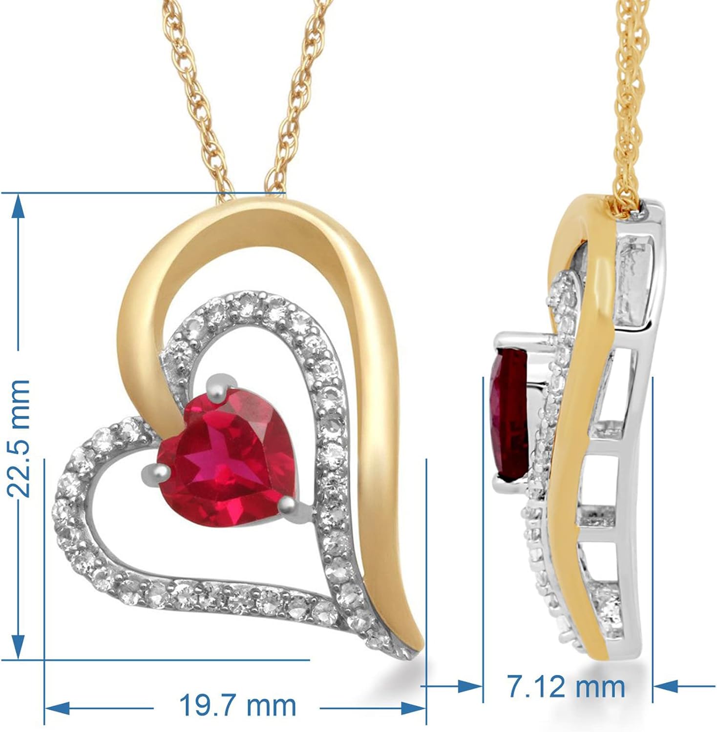 Jewelili 14K Yellow Gold Over Sterling Silver 7 MM Heart Created Ruby and Round Created White Sapphire Tilted Heart Pendant Necklace, 18" Rope Chain