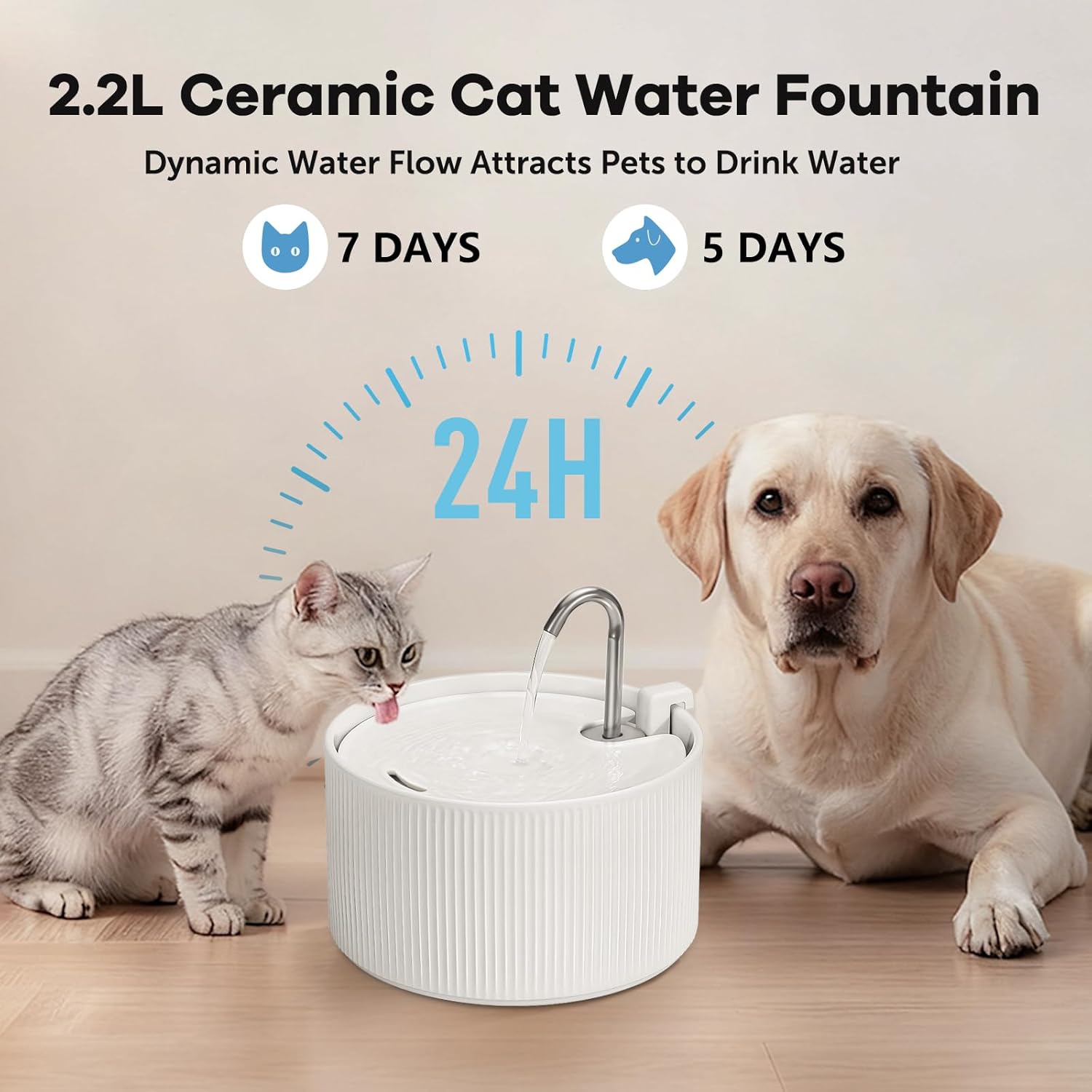 Upgrade Ceramic Cat Water Fountain, 2.2L/78oz Ceramic Cat Fountain, Automatic Ceramic Water Fountain for Cats, Pet Water Fountain with Ultra-Quiet Pump (White) - Image 3
