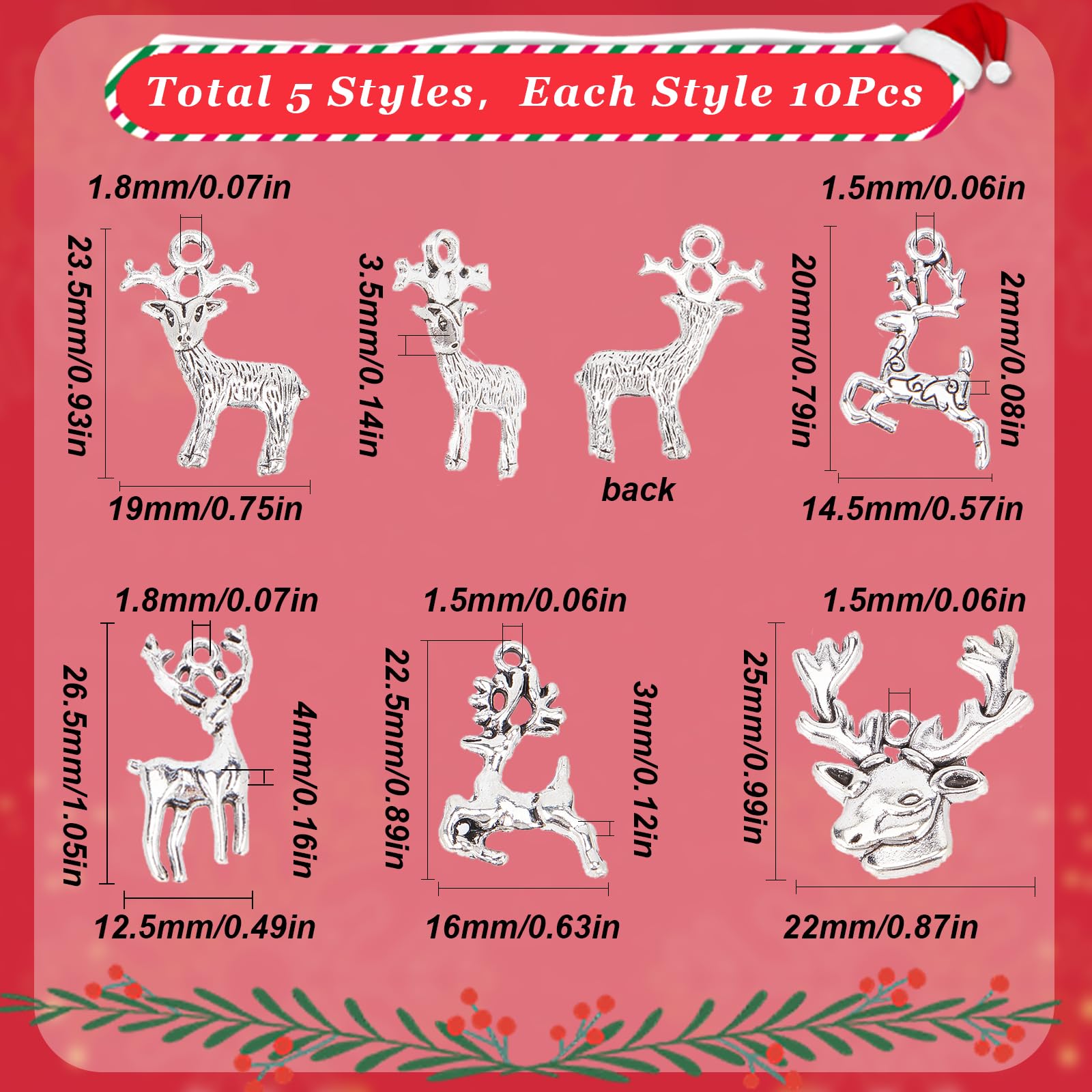 Amazon | SUNNYCLUE 50個5種 クリスマス チャーム 鹿 チャーム  