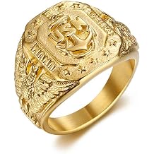 E Pluribus Unum US Navy Titanium Steel Ring | 3D Anchor Eagle Military Insignia Jewelry | Vintage American Motto Naval Memorial Badge for Men