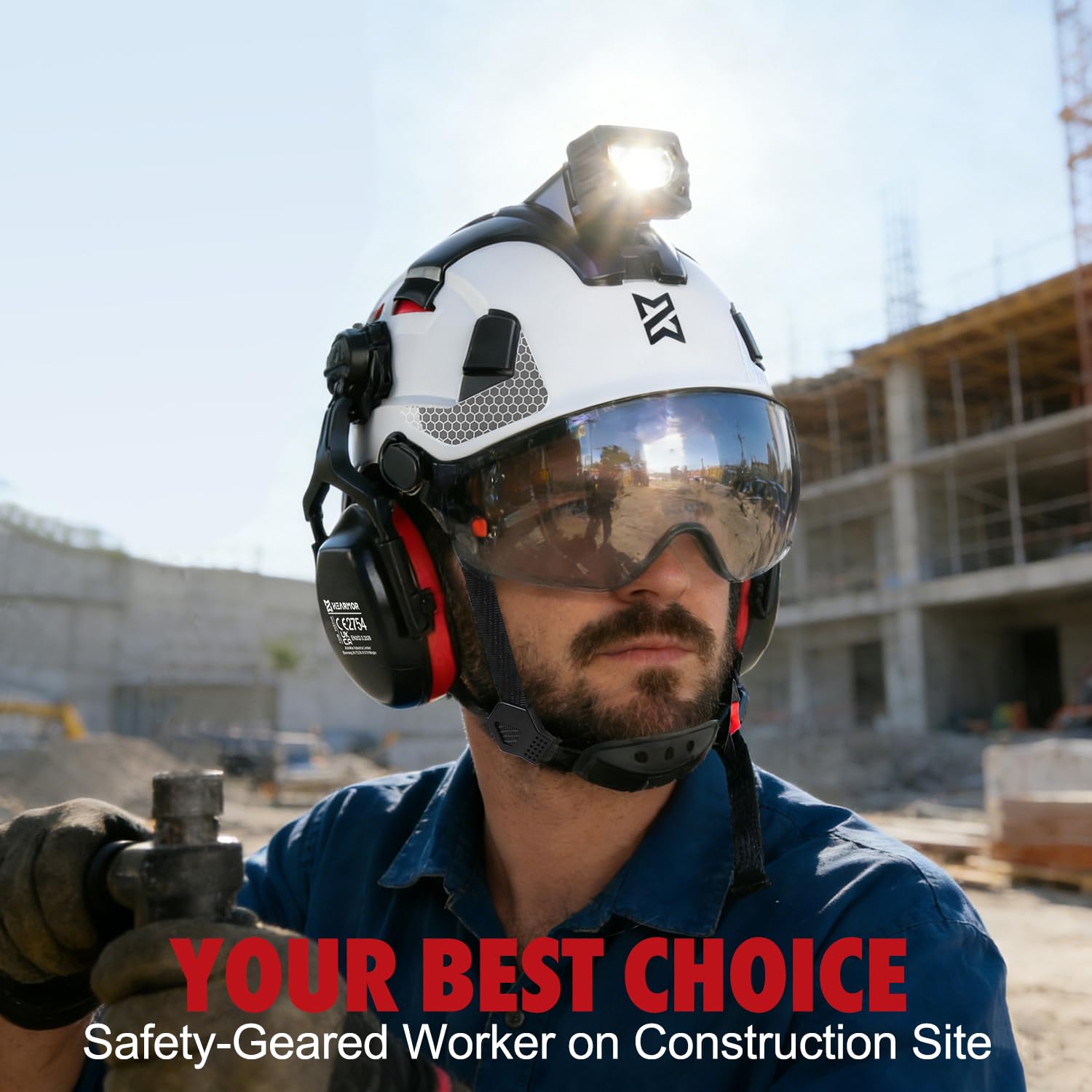 HEARMOR VOLTEK Casque de protection industriel certifié CE EN397 avec lampe frontale LED + visière et protection auditive | Pour travaux forestiers, travaux de construction et escalade | Casque de