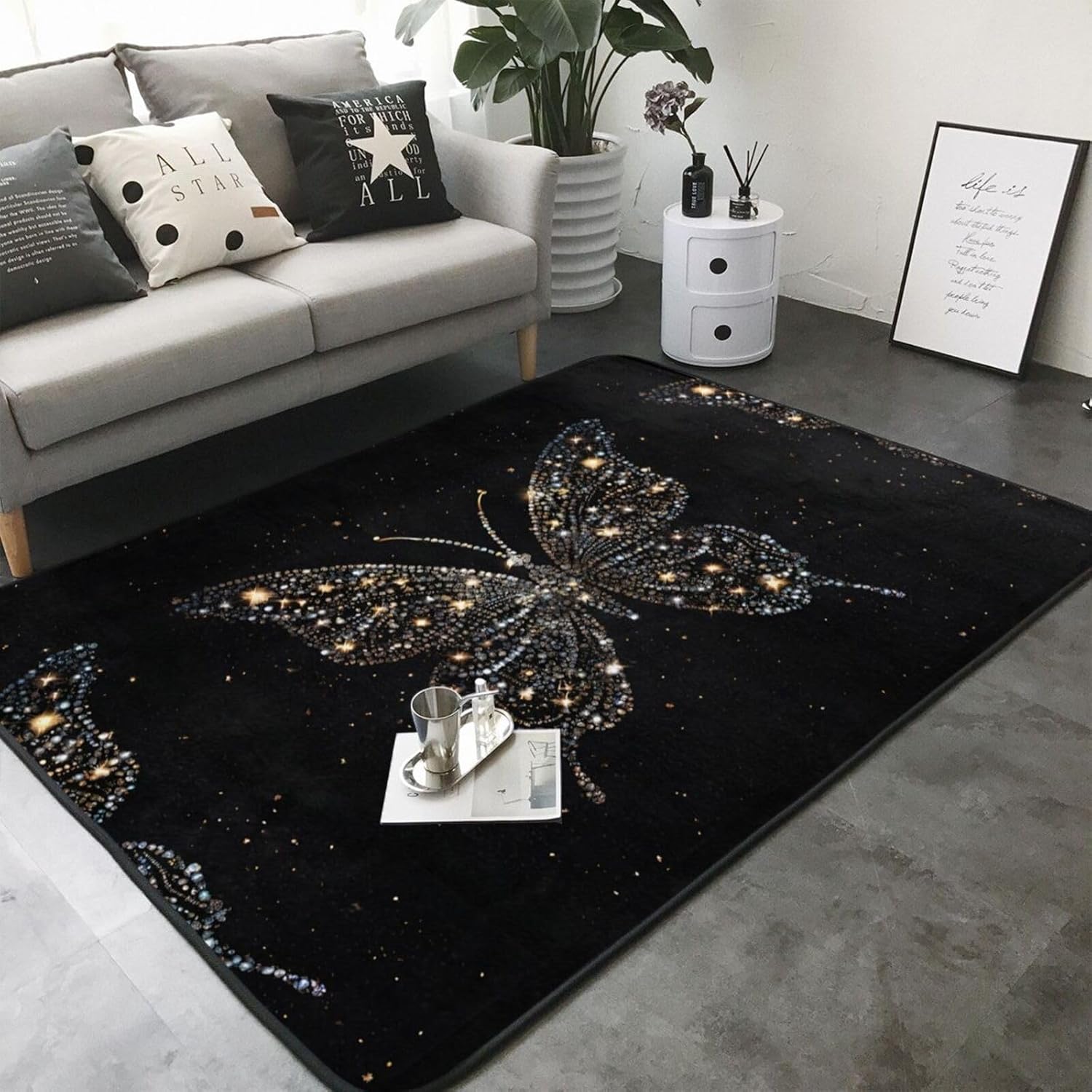 Flannel Non-Slip (Rhinestone Butterfly) Rug Pad 80×50in Soft Washable Protective for Hardwood Floors Bedroom Bathroom Living Room