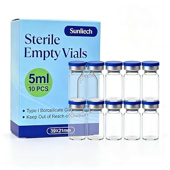 10Pcs 5ml Empty Sterile Glass Vials, Airtight Sealed Sample Vials with Self Healing Port & Flip Off Aluminum Cap for Injection Use