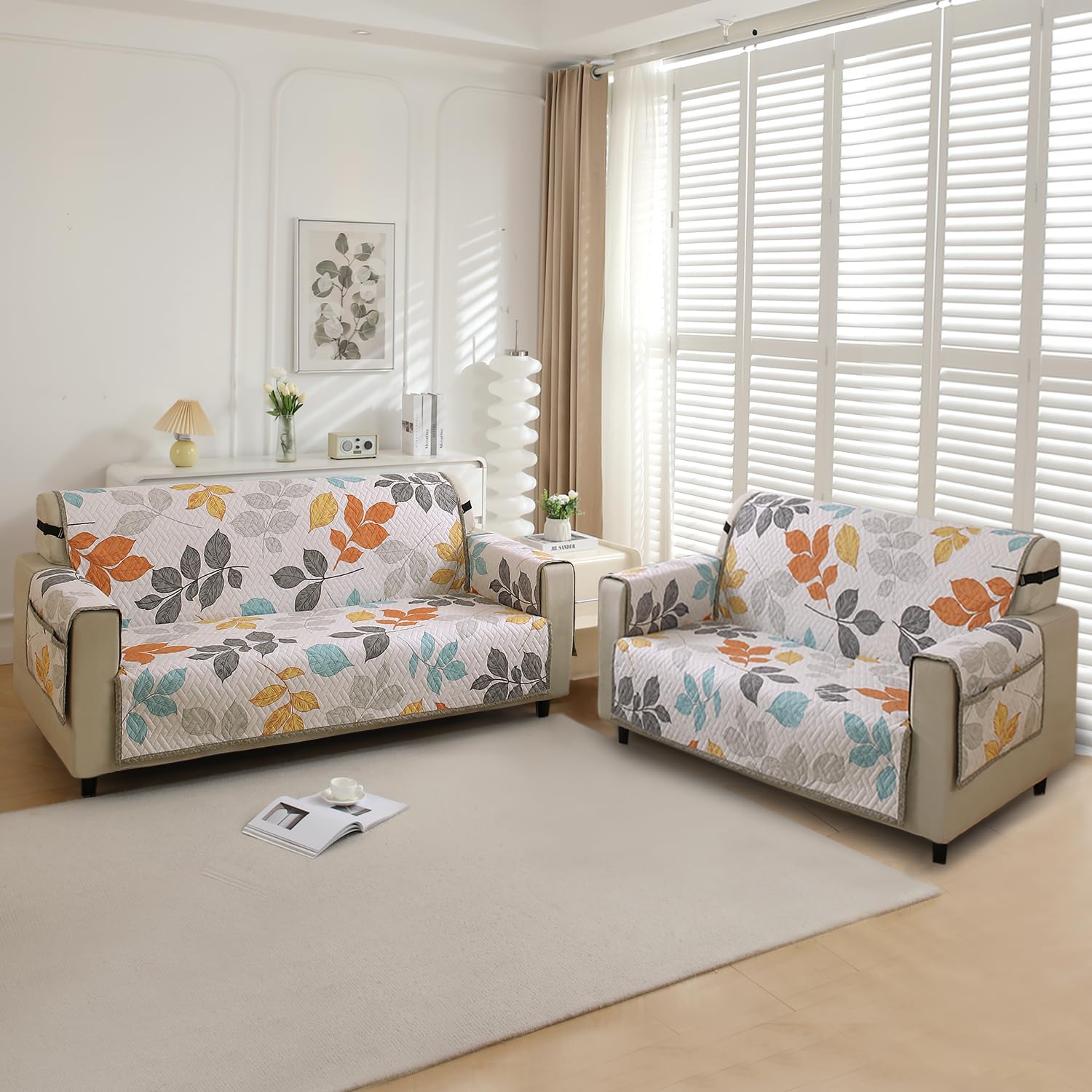 HOKIPO Polyester Printed Quilted Sofa Cover 5 Seater Fully Covered 3+2 Seater with Pockets, Multicolor Leaves (IN-812 + IN-813-D2)-image-33