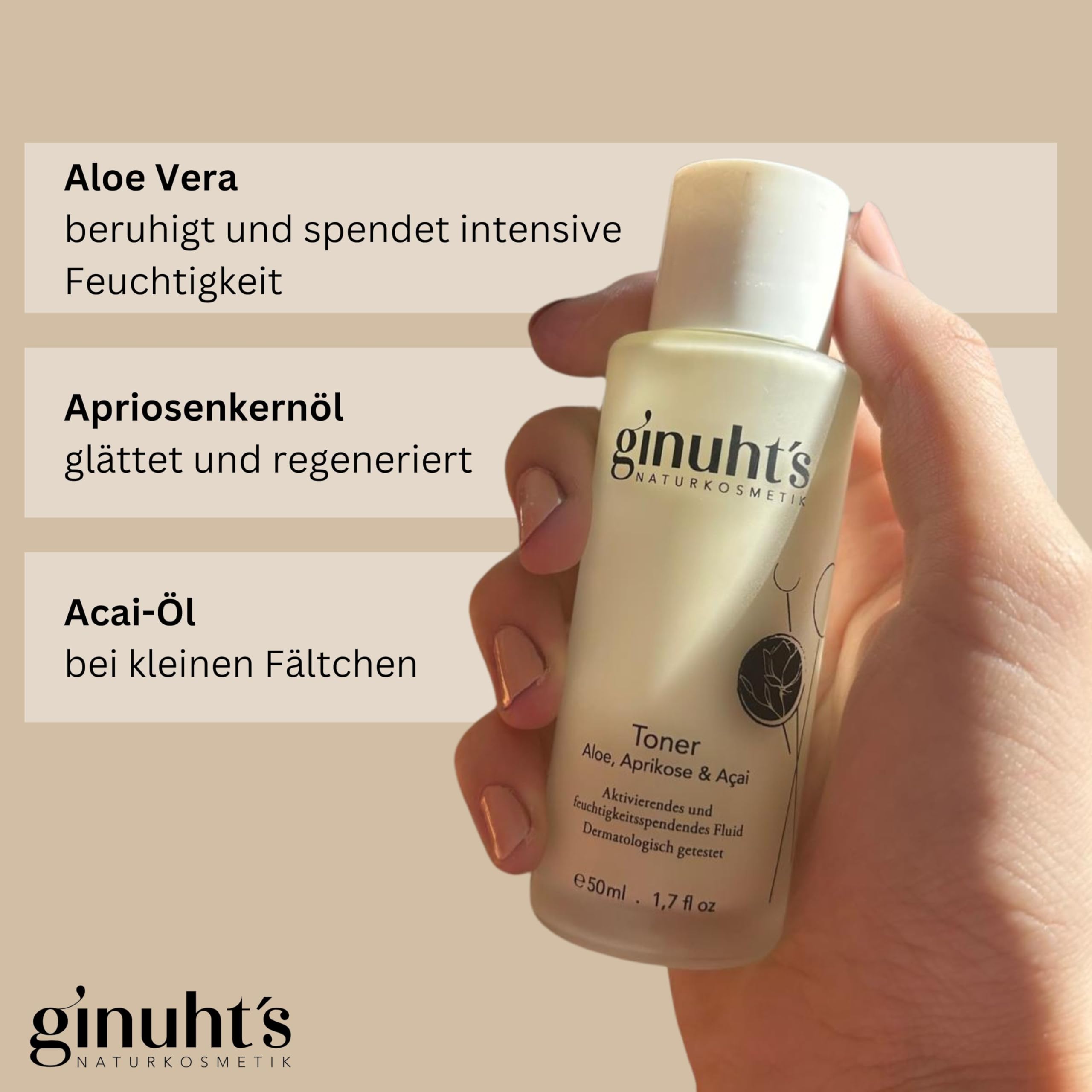 ginuht´s NATURKOSMETIK Gesichtstoner 100% Bio regenerierend & hautstraffend | Toner für alle Hauttypen | Aktivierendes Fluid mit Aloe Vera, Aprikose & Açai (50ml)