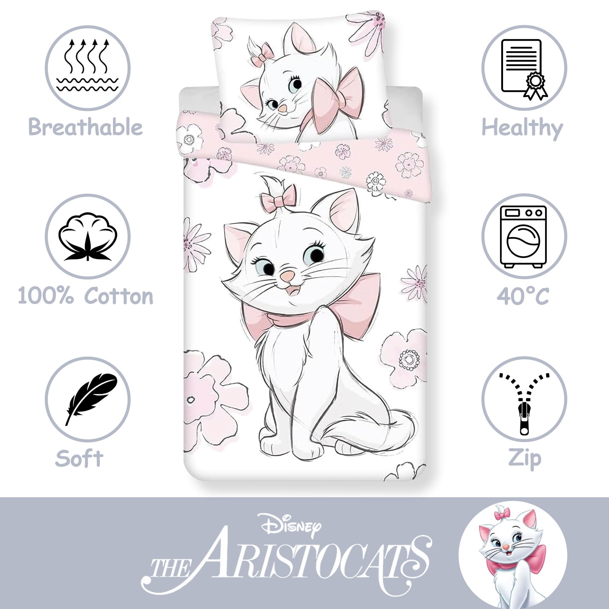 Jerry Fabrics Aristocats Marie Flowers - Juego de funda de edredón y funda de almohada individual, ropa de cama 100% algodón en tamaño europeo, juego de edredón reversible para niños, cómodo y