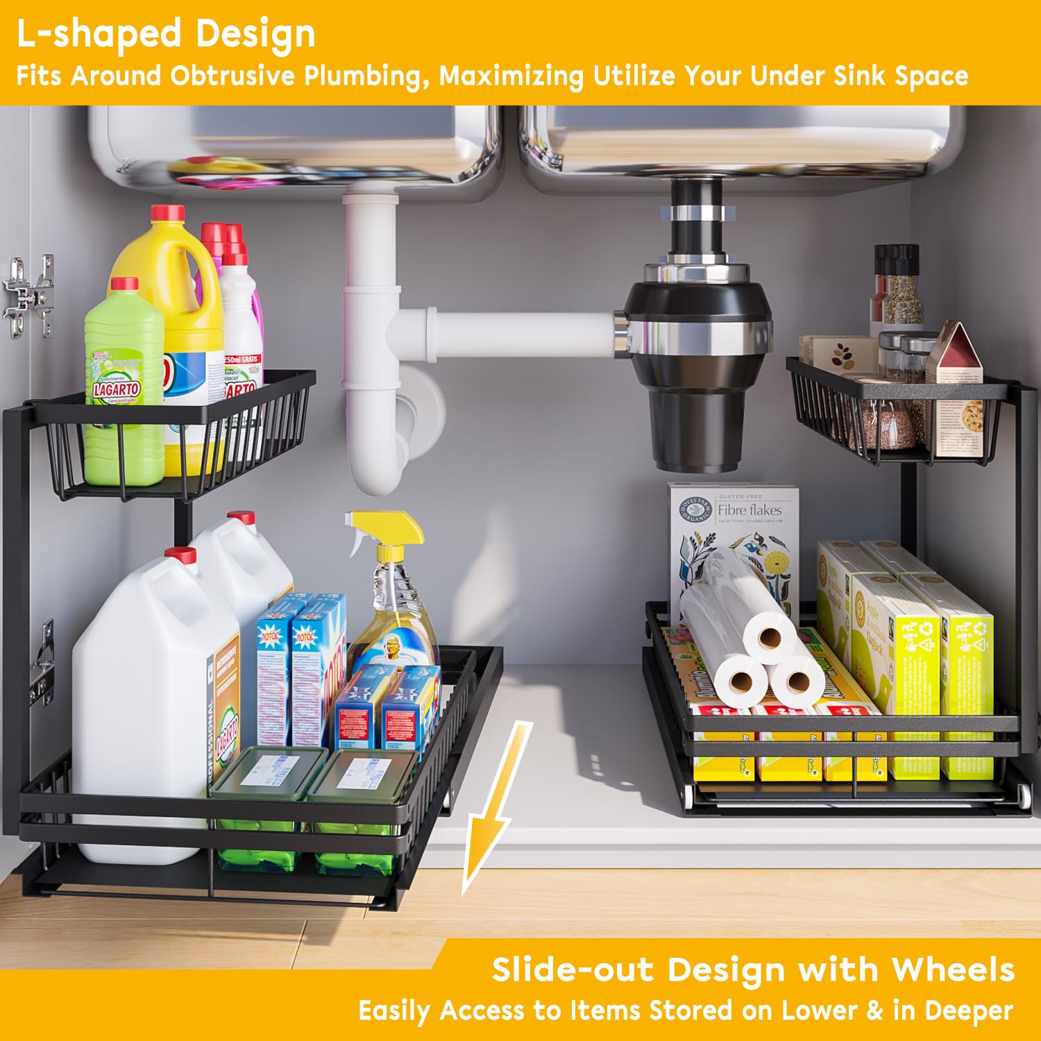 Under Sink Organizers and Storage, 2 Tier Stainless Steel Slide Out