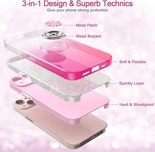 Miniatura 6 de PeeTep Funda para iPhone 13, funda delgada con purpurina brillante con soporte de anillo de 360, soporte magnético para automóvil, absorbente de