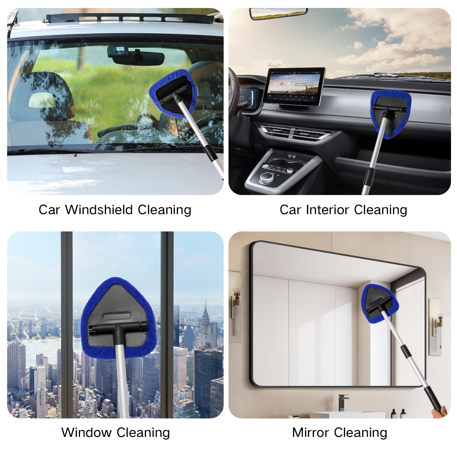 11pcs Windshield Cleaner Tool, Car Window Cleaning Wash Kit with 6 Reusable Microfiber Pads 2 Spray Bottles and Extendable Handles Auto Glass Wiper Kit, Blue